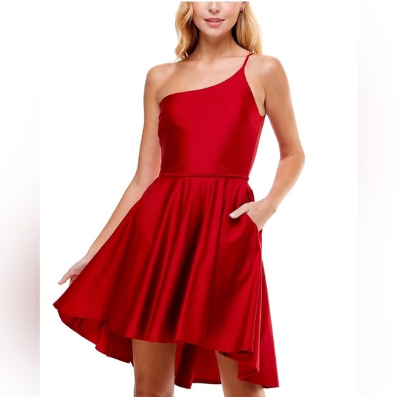 City Studio Dresses & Skirts - Jr City Studio 1 Shoulder Fit-and-flare Mini Silky Soft Red Dress pockets Sz 15